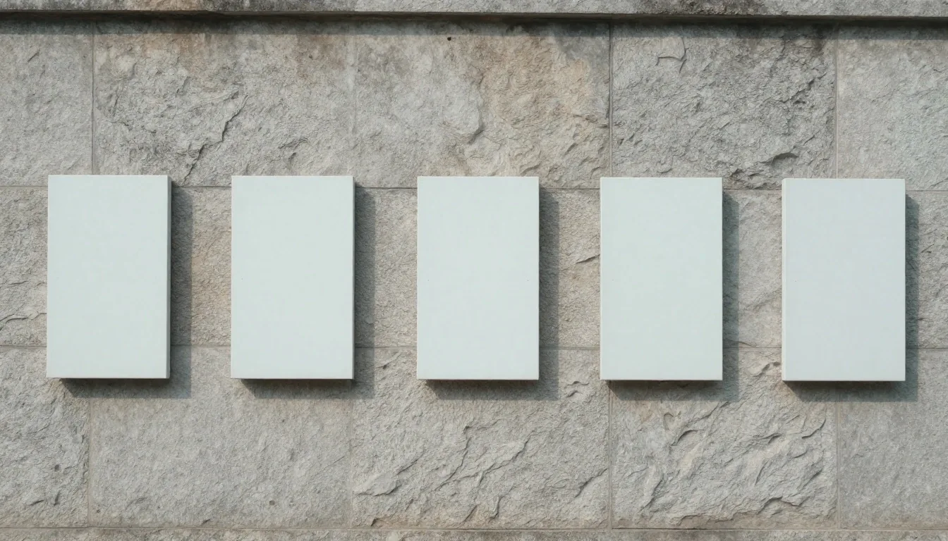 A plain stone workshop wall in Medan with a row of white plates hung at eye height