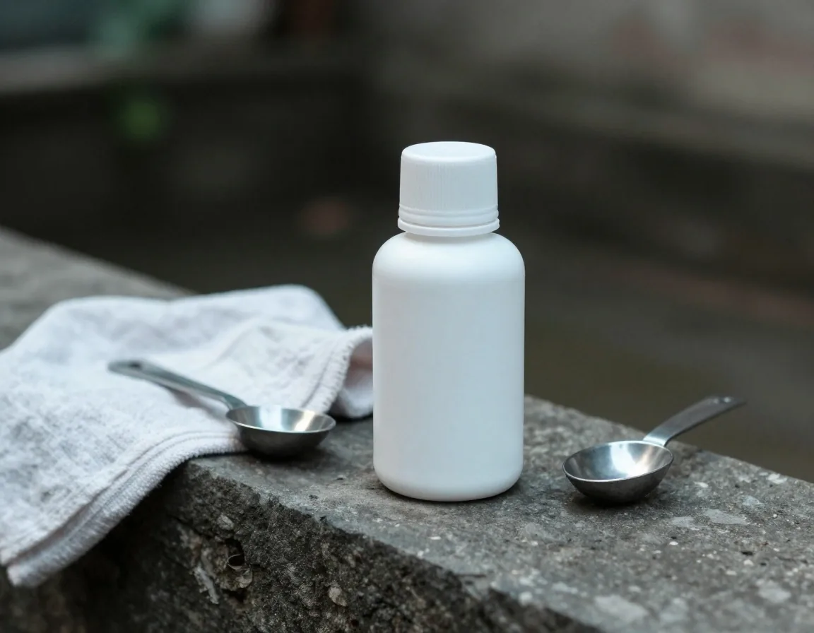 An unbranded supplement bottle and measuring scoop on a stone workbench