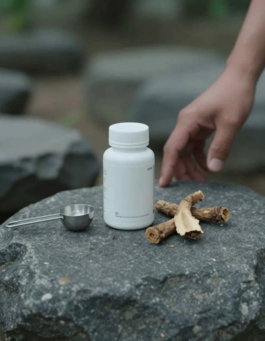Unbranded supplement bottle, measuring scoop and dried botanicals resting on a stone bench in daylight