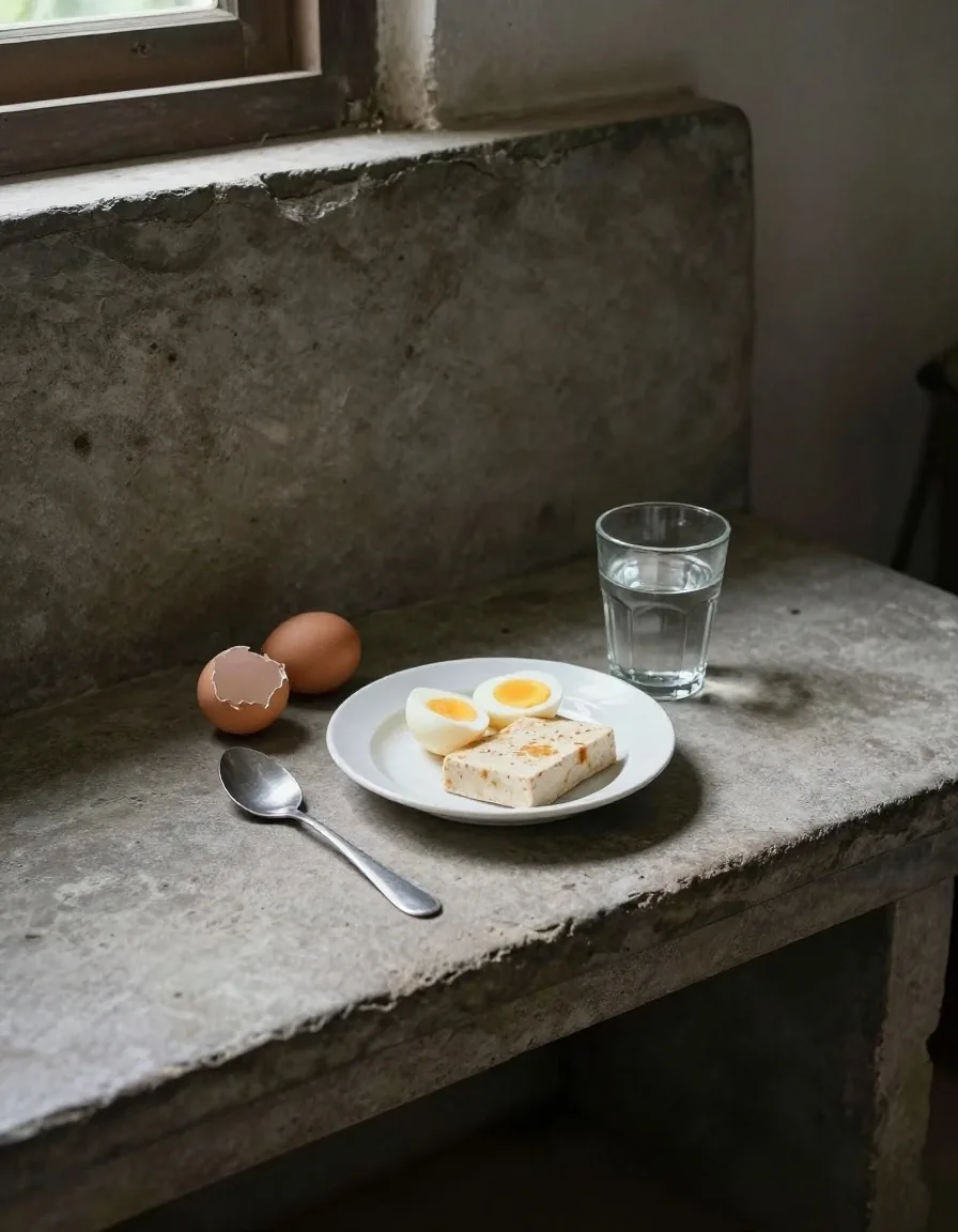A simple breakfast of eggs, tempeh and a glass of water on a stone bench