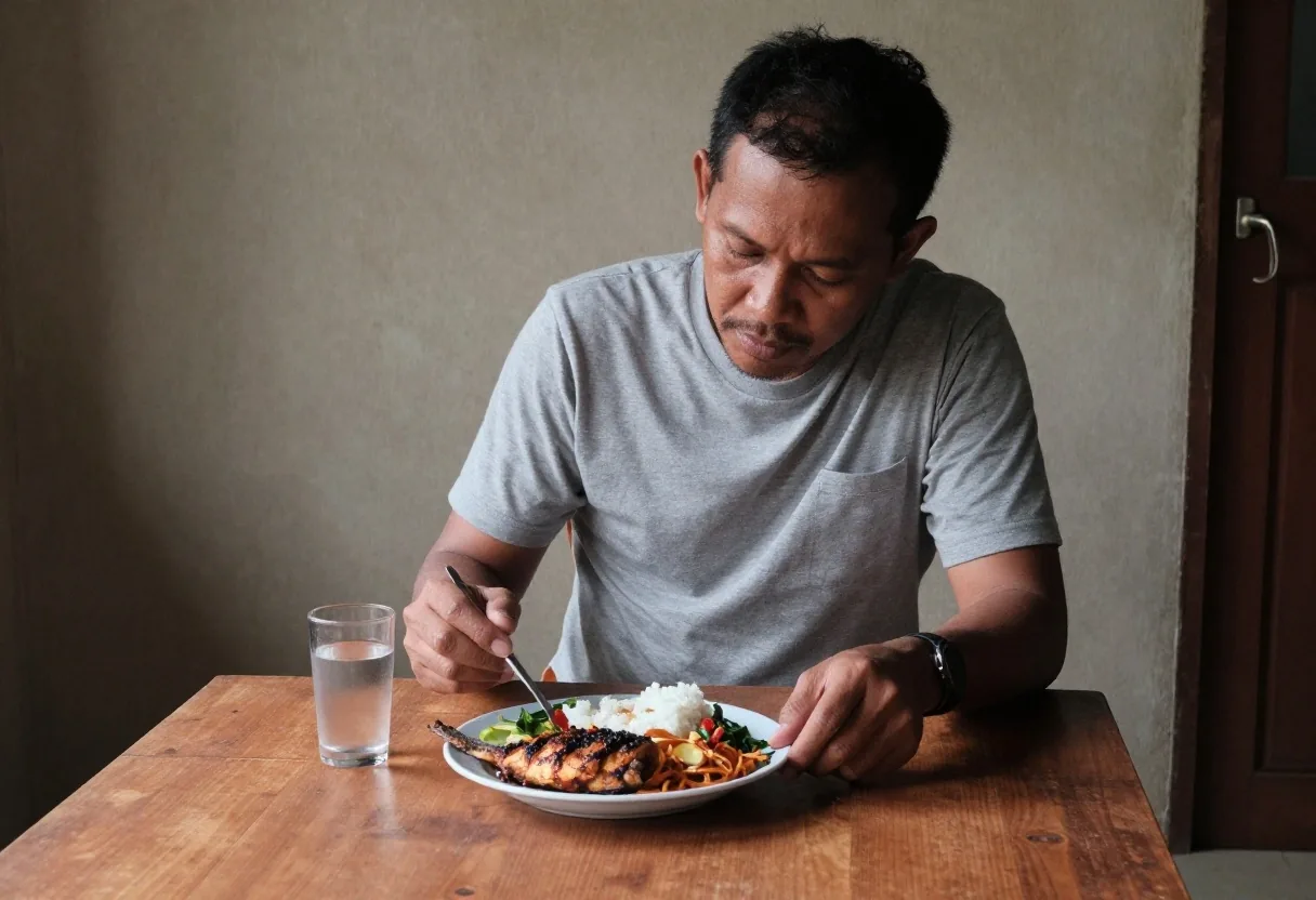 A midday meal of rice, vegetables and grilled fish with a glass of water on a wooden table