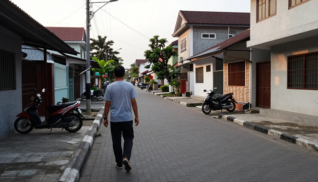 Man walking along a quiet residential street in the late afternoon