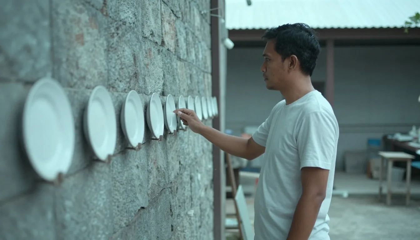 Man in a plain t-shirt standing in a daylight workshop corridor beside a stone wall