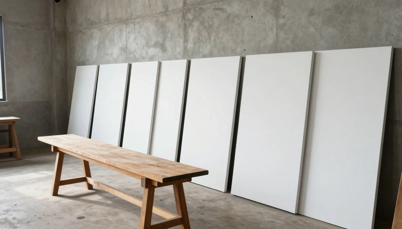A quiet workshop room with a row of blank white plates on a concrete wall