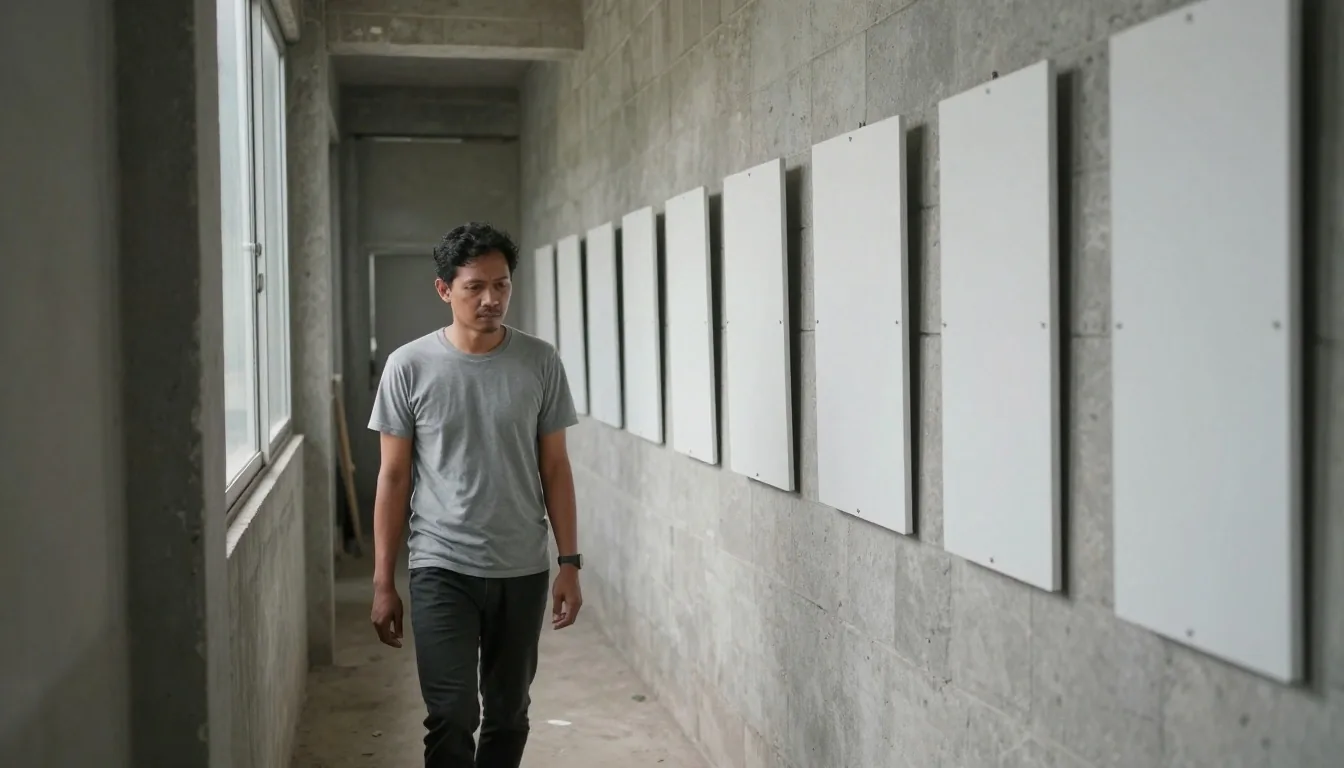 A man walking a workshop corridor past a row of white plates on a stone wall