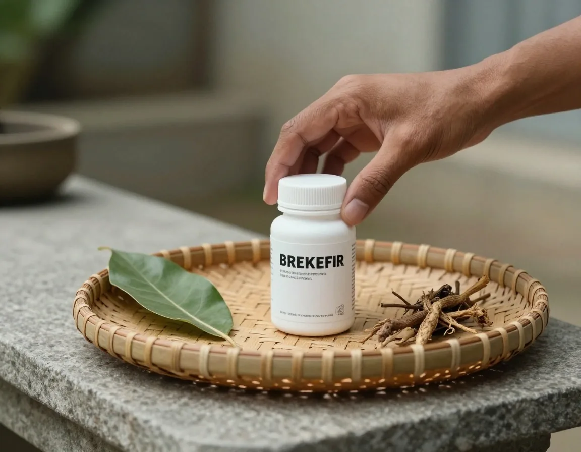 Unbranded supplement bottle, scoop and dried roots arranged on a stone bench