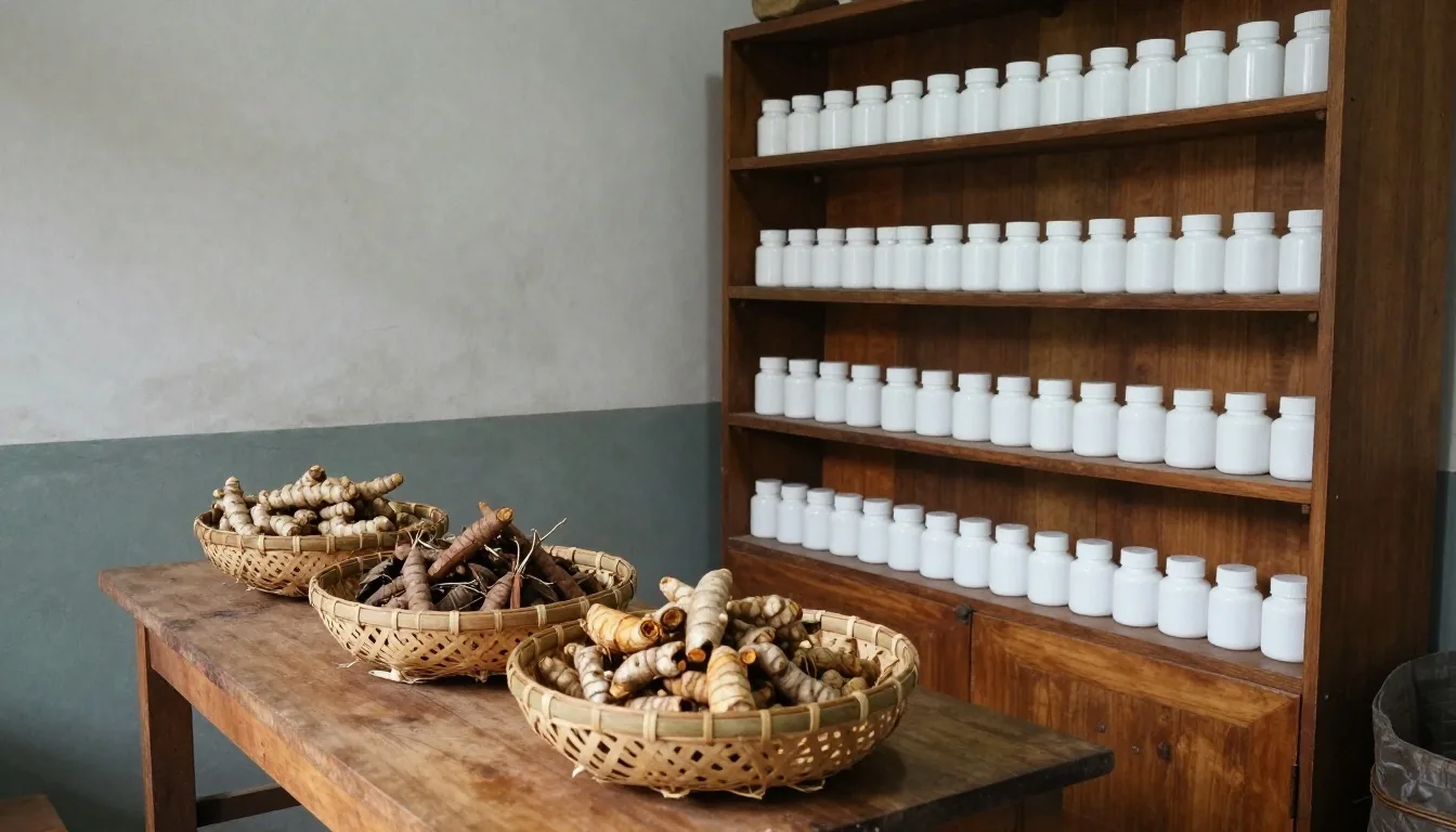 A clean bench with an unbranded supplement bottle, capsules in glass dishes and dried botanicals on a stone surface
