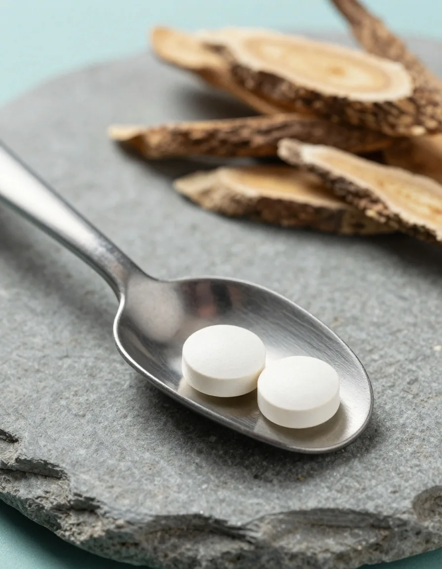 A stainless scoop and two capsules beside dried root slices on a stone slab