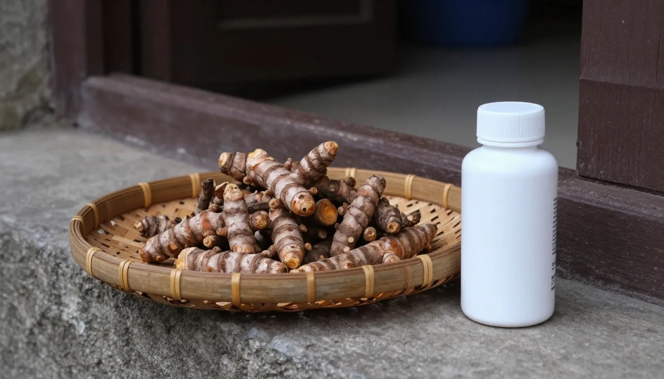 Unbranded supplement bottle, dried roots and a measuring scoop arranged on a stone bench surface