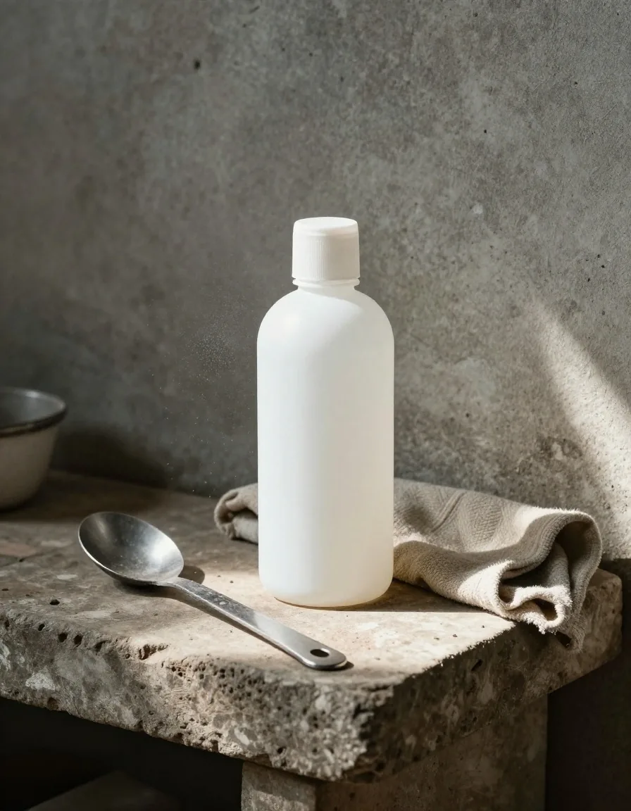 Plain unbranded bottle and measuring scoop on a stone workshop bench in cool daylight